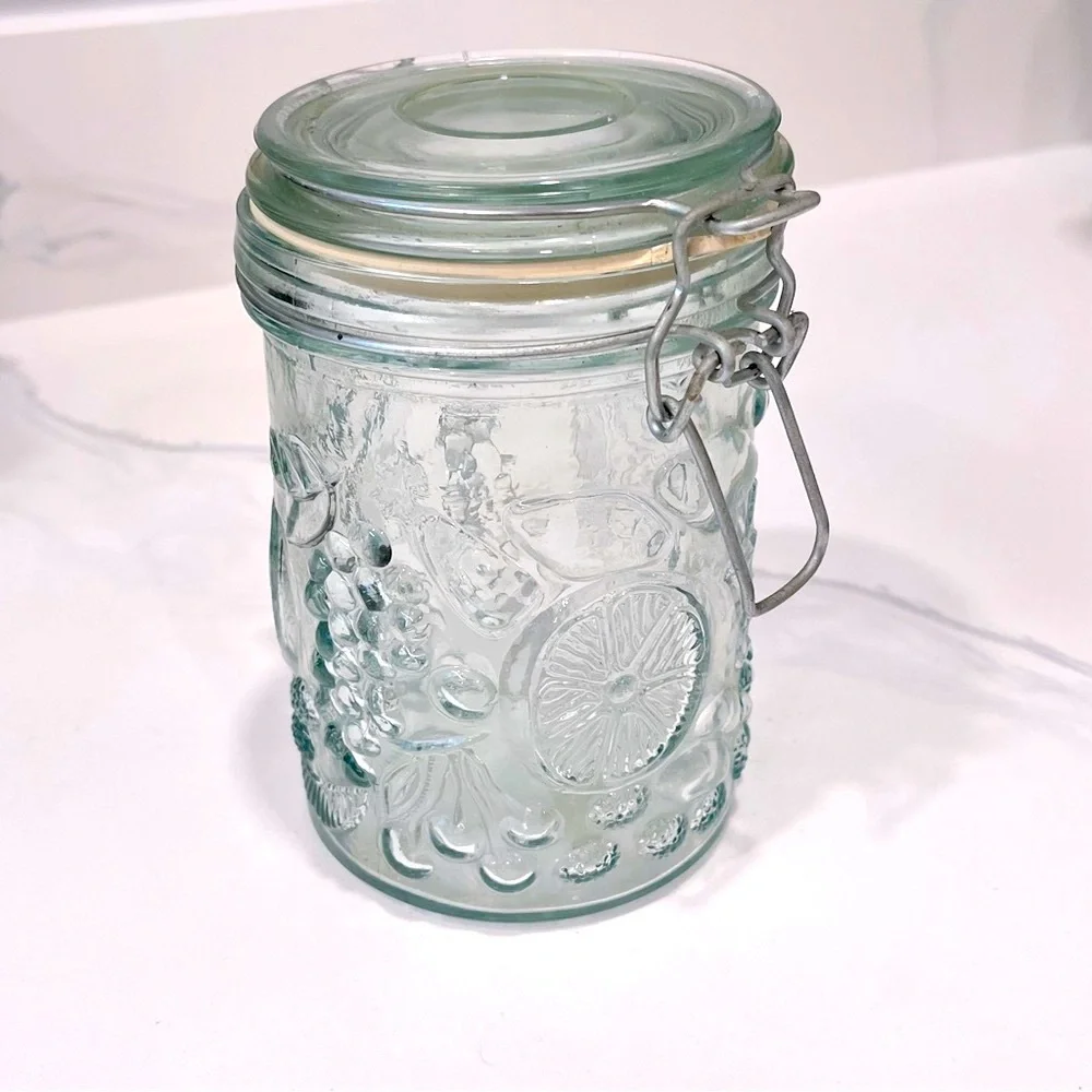 Vintage Embossed Fuit Pattern Glass Canister Set with Wire Bale Hinges, Set of 2
